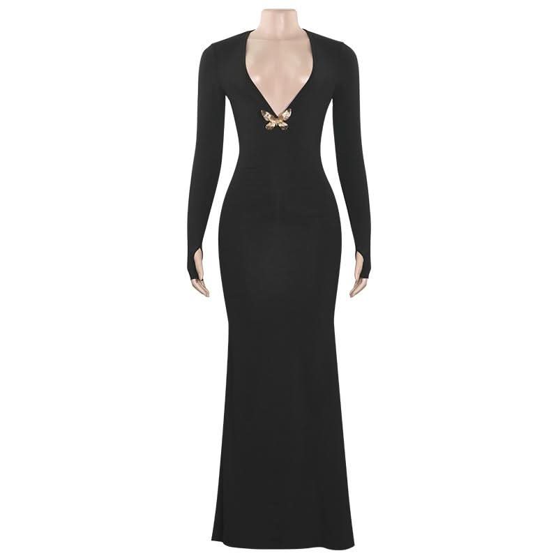 V neck long sleeve butterfly applique maxi dress