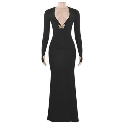 V neck long sleeve butterfly applique maxi dress