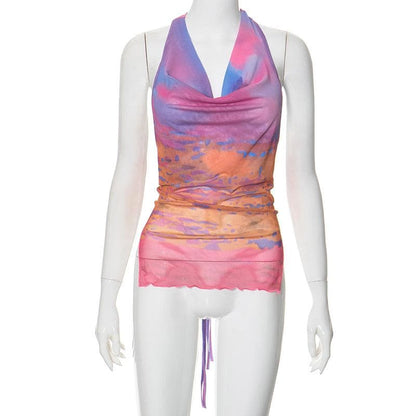 Halter cowl neck gradient print self tie top