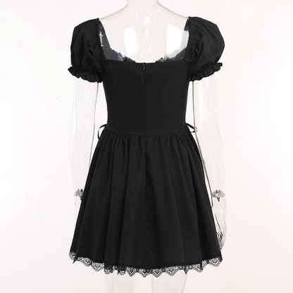 Puff sleeve short sleeve embroidery mini dress