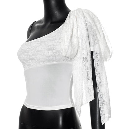 One shoulder lace knotted crop top