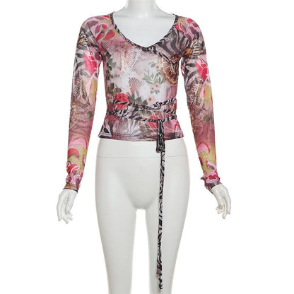 V neck long sleeve sheer mesh self tie print top