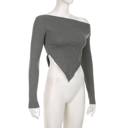 Long sleeve irregular slit off shoulder solid top