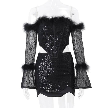 Long flared sleeve glitter feather off shoulder top