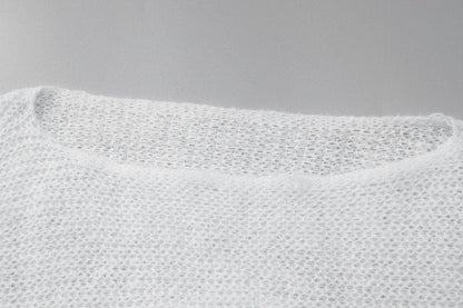 Long puff sleeve knitted one shoulder see through top