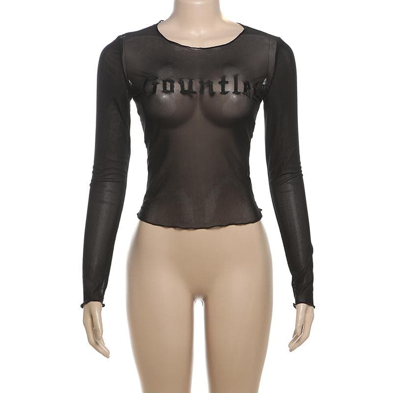 Long sleeve round neck letter sheer mesh top
