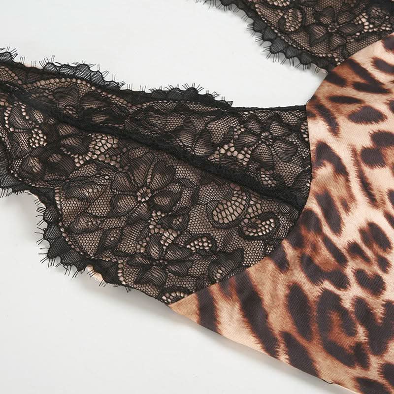 Halter leopard print backless lace mini dress