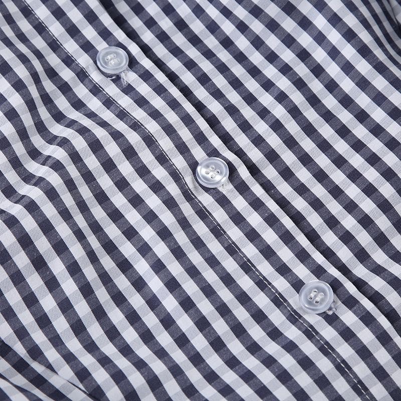 Turnover collar short sleeve plaid print button top