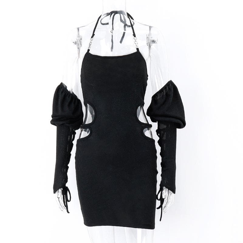 Halter Chain Strap Side Scalloped Cutout Puff Sleeve Lace Up Mini Dress
