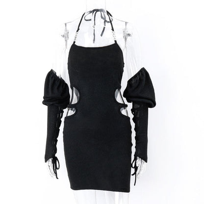 Halter Chain Strap Side Scalloped Cutout Puff Sleeve Lace Up Mini Dress