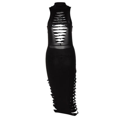 Sleeveless hollow out solid backless knotted cut out midi dress