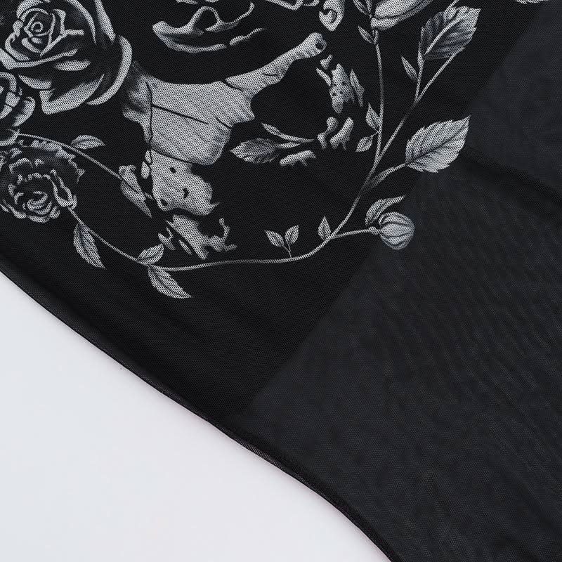 U neck skull print mesh backless cami maxi dress