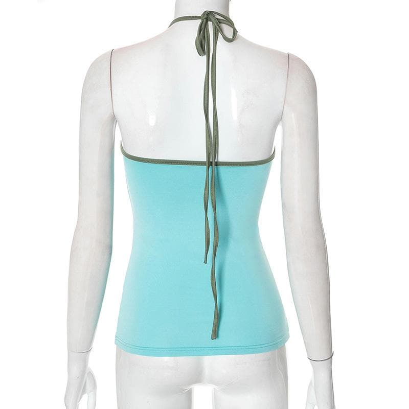 Halter contrast hollow out self tie backless cut out top