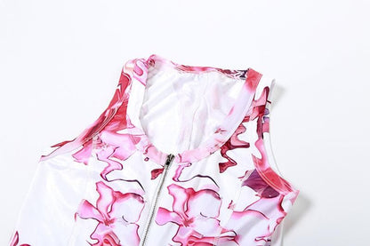 U neck zip-up print stitch tank romper
