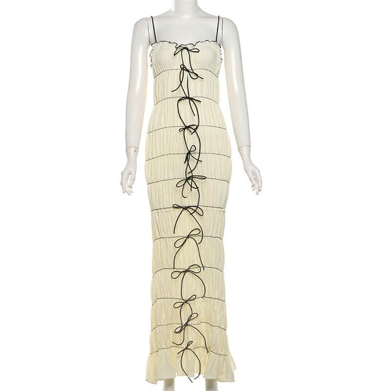 Smocked ruffle ruched bowknot cami maxi dress