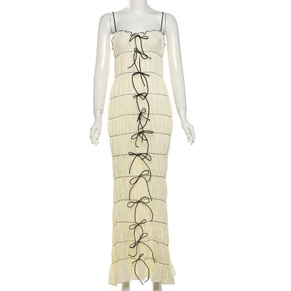 Smocked ruffle ruched bowknot cami maxi dress