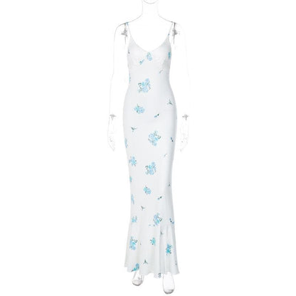 Spaghetti Strap V Neck Ruched Floral Print Mermaid Hem Maxi Dress