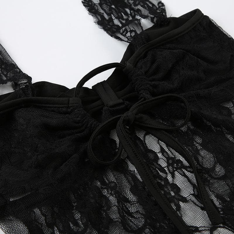 Lace ruched backless self tie cami top