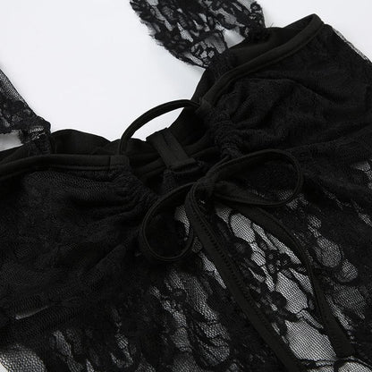 Lace ruched backless self tie cami top