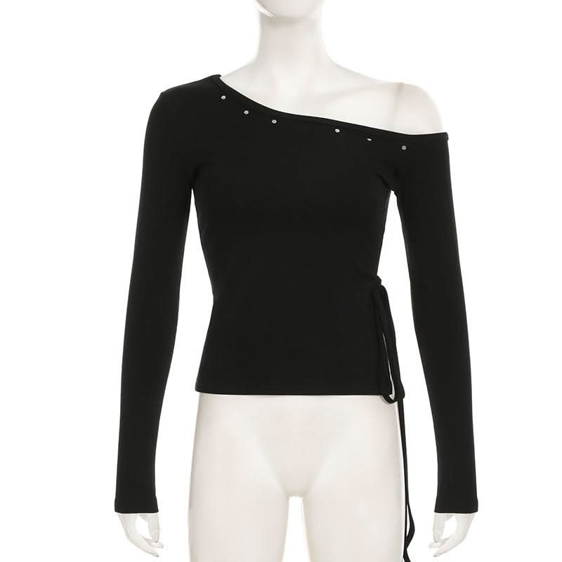 Long sleeve one shoulder slit self tie top