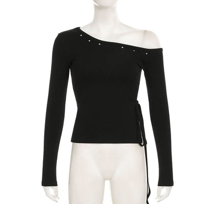 Long sleeve one shoulder slit self tie top