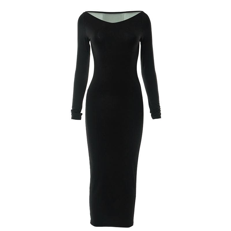 Long Sleeve Dragon Graphic Contrast Back Panel Bodycon Maxi Dress