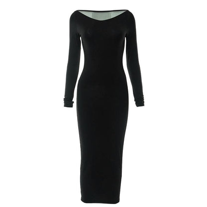 Long Sleeve Dragon Graphic Contrast Back Panel Bodycon Maxi Dress