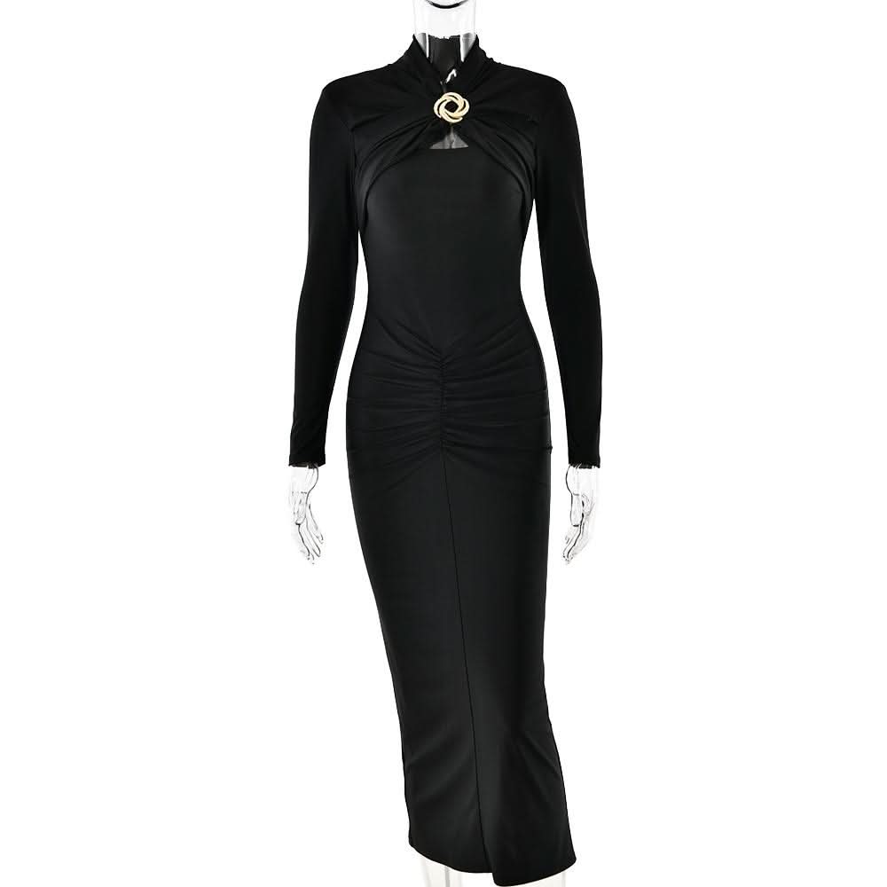 Hollow out long sleeve ruched slit solid cut out midi dress
