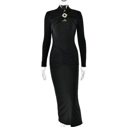 Hollow out long sleeve ruched slit solid cut out midi dress