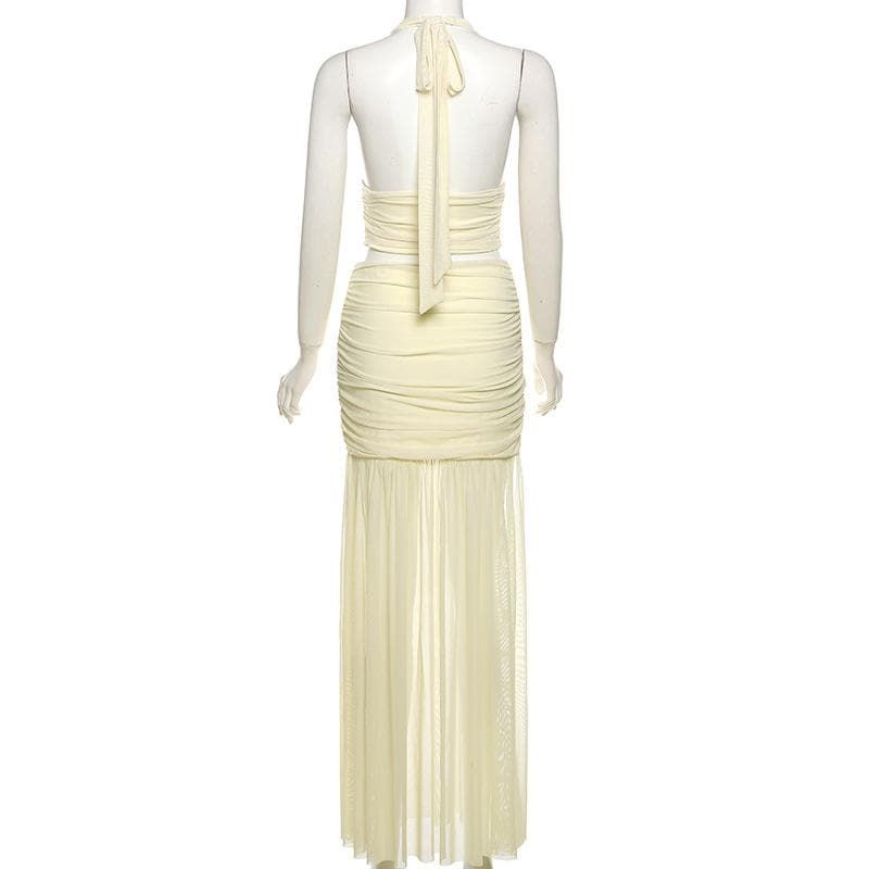 Halter ruched deep v neck high slit mesh maxi skirt set-final-sale