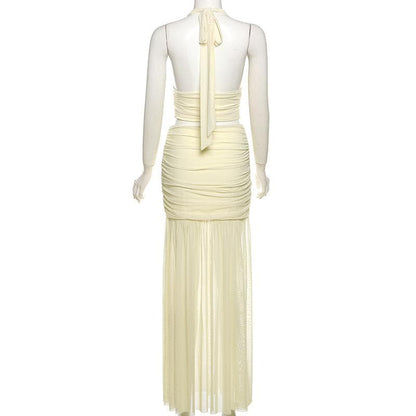 Halter ruched deep v neck high slit mesh maxi skirt set-final-sale