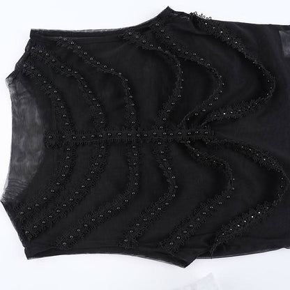 Sleeveless crewneck mesh beaded top