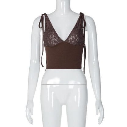 V neck see through lace ribbed patchwork ruched backless top