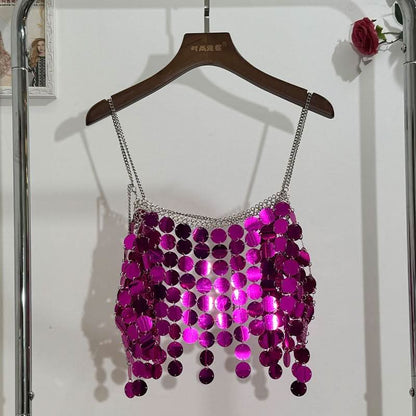 Glitter metal chain hollow out square neck cami cut out top