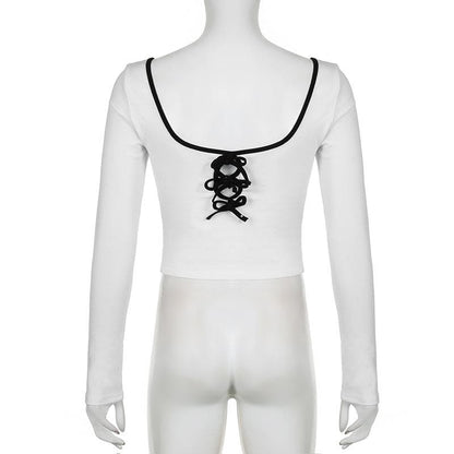 Square neck bowknot contrast long sleeve crop top