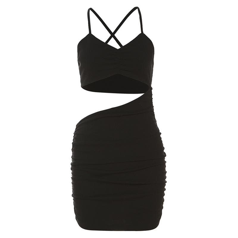 Hollow Out V Neck Side Cutout Ruched Spaghetti Strap Mini Dress