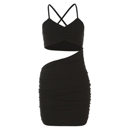 Hollow Out V Neck Side Cutout Ruched Spaghetti Strap Mini Dress