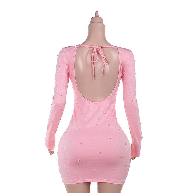 Crewneck long sleeve beaded backless mini dress