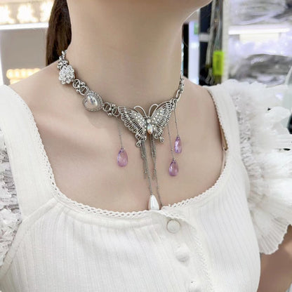 Purple crystal 2 pcs butterfly decor choker necklace