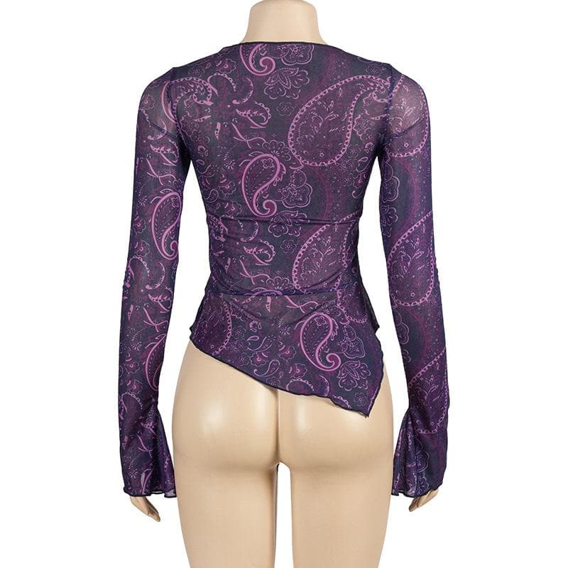 Long flared sleeve print lace up irregular sheer mesh ruffle top