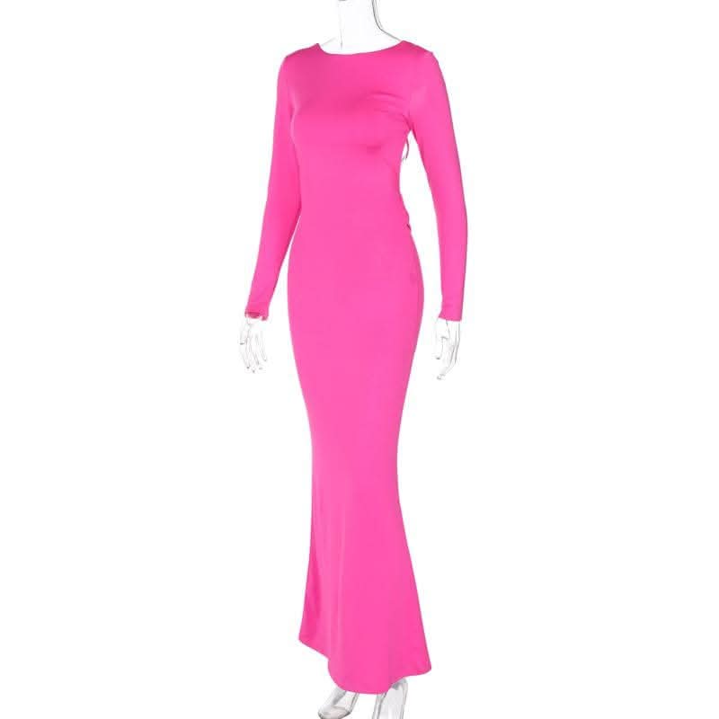 Long sleeve backless lace up ruched solid maxi dress-final-sale