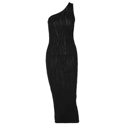 Textured one shoulder irregular hollow out solid cut out midi dress