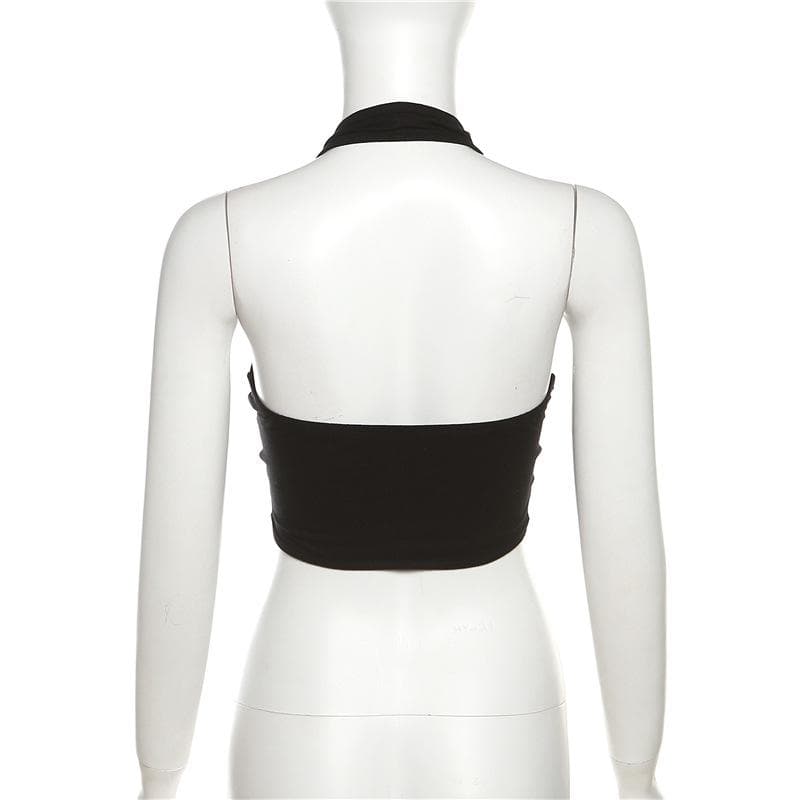 Hollow out halter backless solid cross front crop cut out top