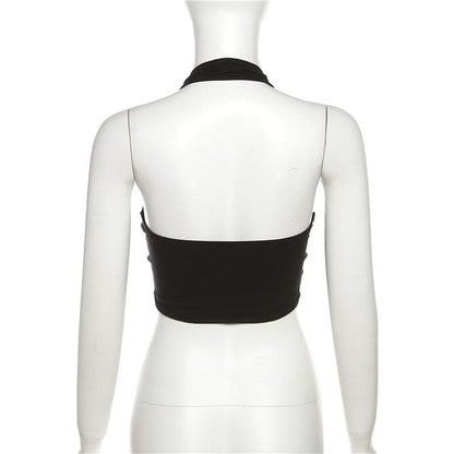 Hollow out halter backless solid cross front crop cut out top