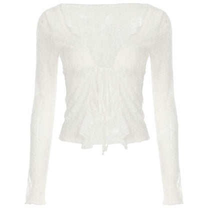 Long sleeve lace ruffle irregular self tie top