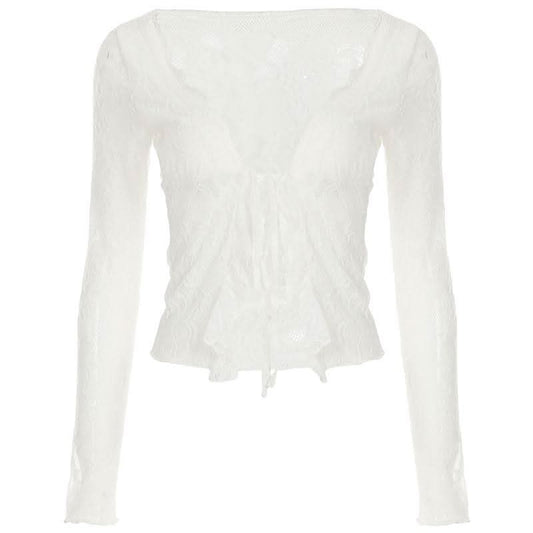 Long sleeve lace ruffle irregular self tie top