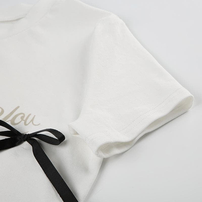 Short sleeve bowknot crewneck letter print top