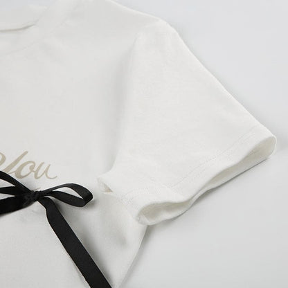 Short sleeve bowknot crewneck letter print top