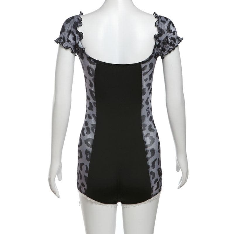 Short puff sleeve leopard print lace hem romper