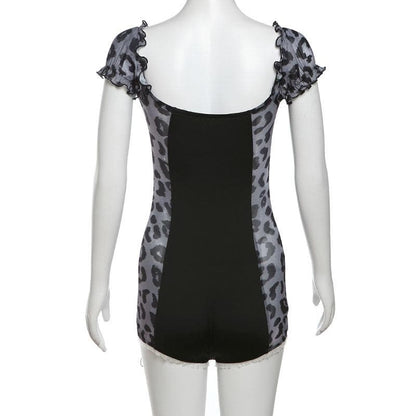 Short puff sleeve leopard print lace hem romper